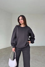 Kadın 3 İ̇plik Oversize Bisiklet Yaka Eşofman Takımı - Füme - 2