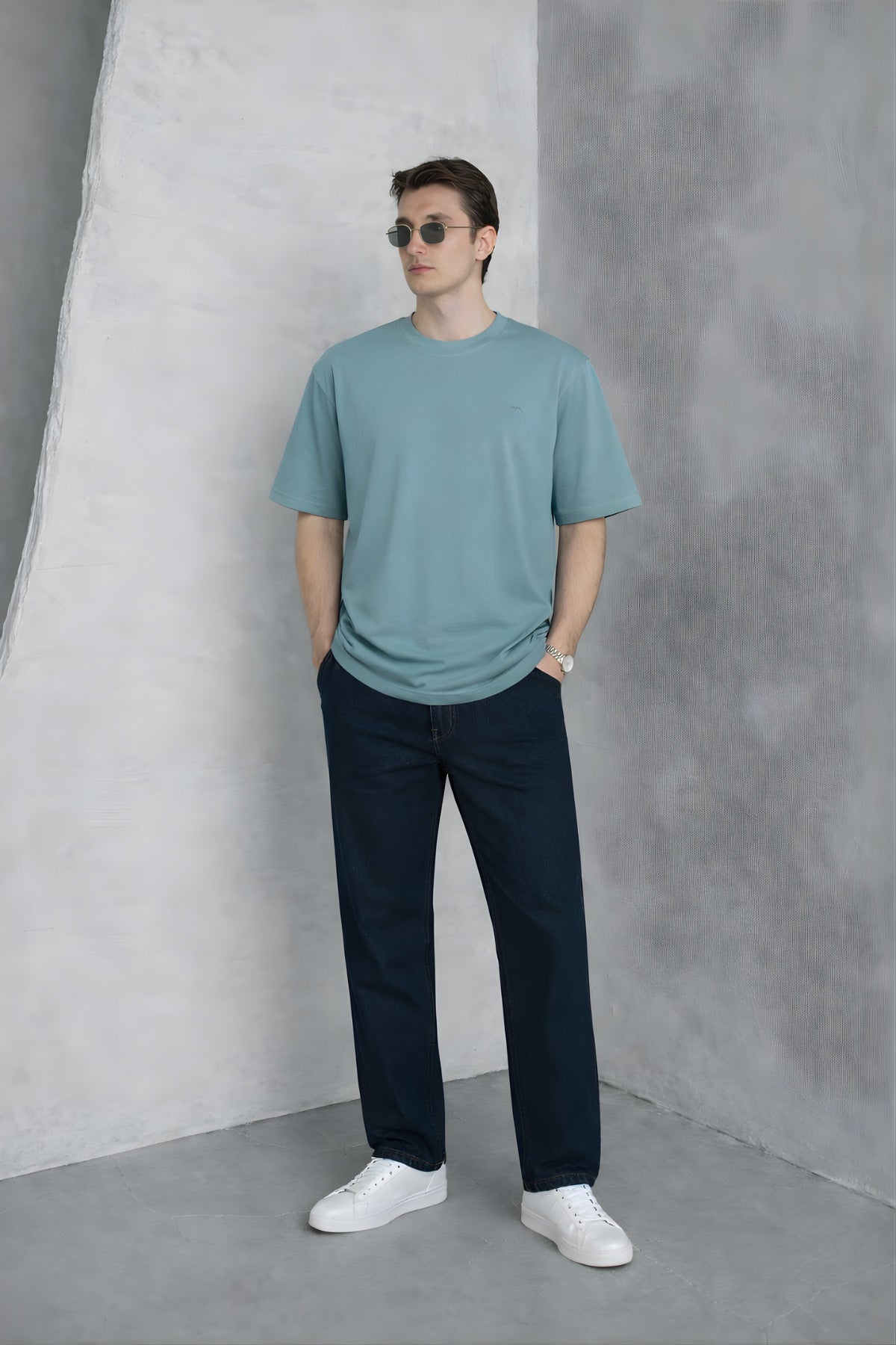 Erkek Siyah Basic Oversize Tişört Rahat Kalıp Düz Minimal Pamuklu Günlük T-shirt - Turkuaz - 1