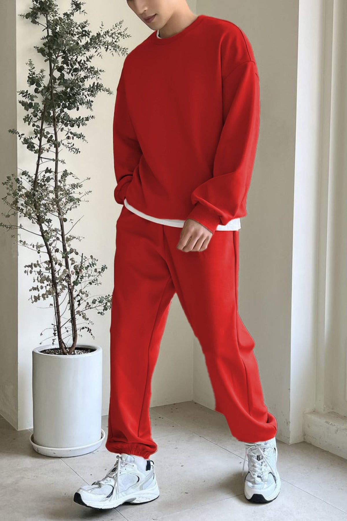 Erkek Bisiklet Yaka Oversize Jogger Paçası Lastikli Alt Üst Eşofman Takımı - Kırmızı - 1