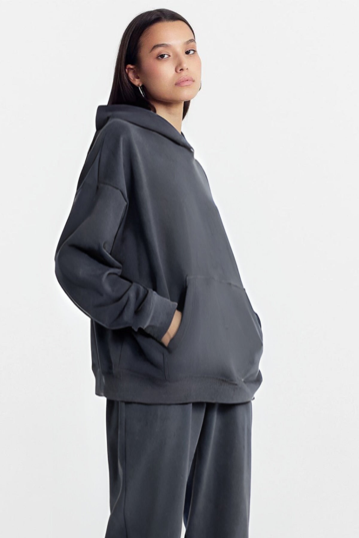 Kadın Baskısız Düz İ̇çi Şardonlu Kalın Kışlık Sweatshirt - Füme - 2
