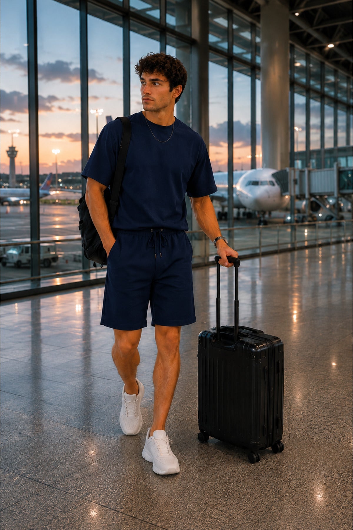 Erkek Kisa Kollu Oversize Yazlik Modern Rahat Kesi̇m Beli̇ Bağlamali Yeni̇ Sezon T-shirt Şort Seyahat Yolculuk Gi̇y-çik Trend Takimi - Lacivert - 1
