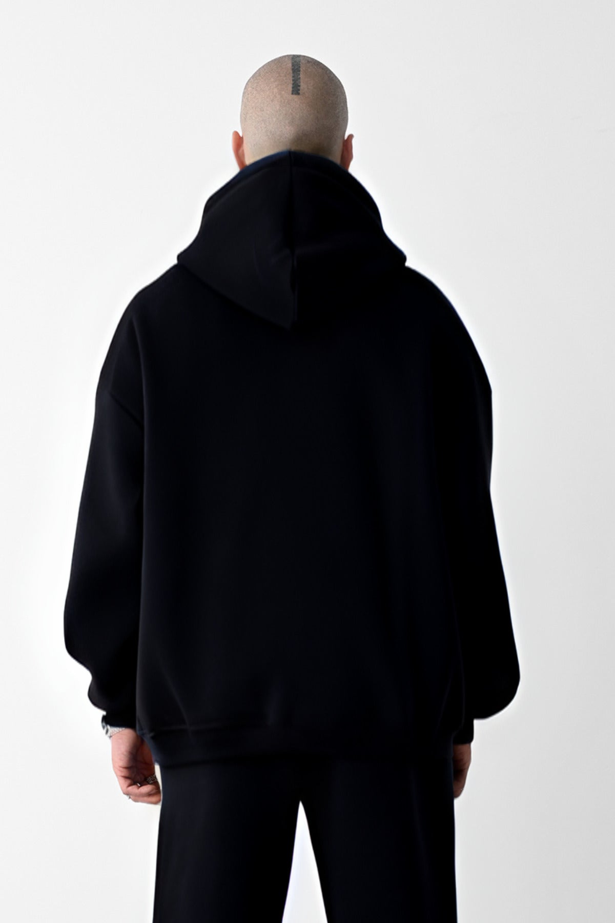 Erkek Bol Kesim Oversize 3 İplik İçi Pamuklu Şardonlu Kanguru Cep Kapşonlu Kışlık Hoodie Sweatshirt - Siyah - 3