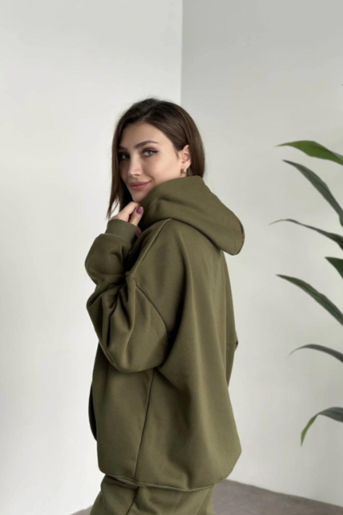 Kadın Kalın Mevsimlik Günlük Ve Spor Oversize Sweatshirt - Haki - 2