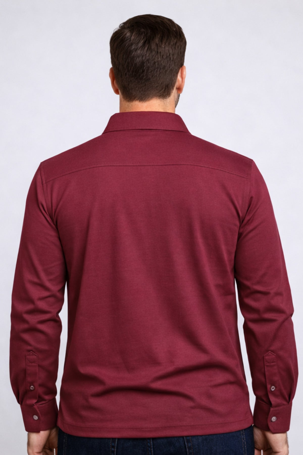 Erkek Gömlek Yaka Uzun Kollu Cepli Basic Geniş Kalıp Tişört Regular Fit - Bordo - 3