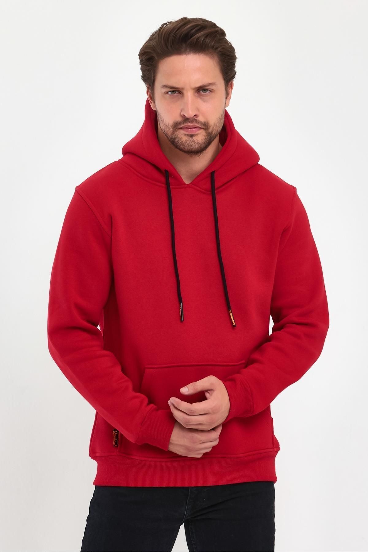 Erkek Kapşonlu Kanguru Cep Sweatshirt - Kırmızı - 4