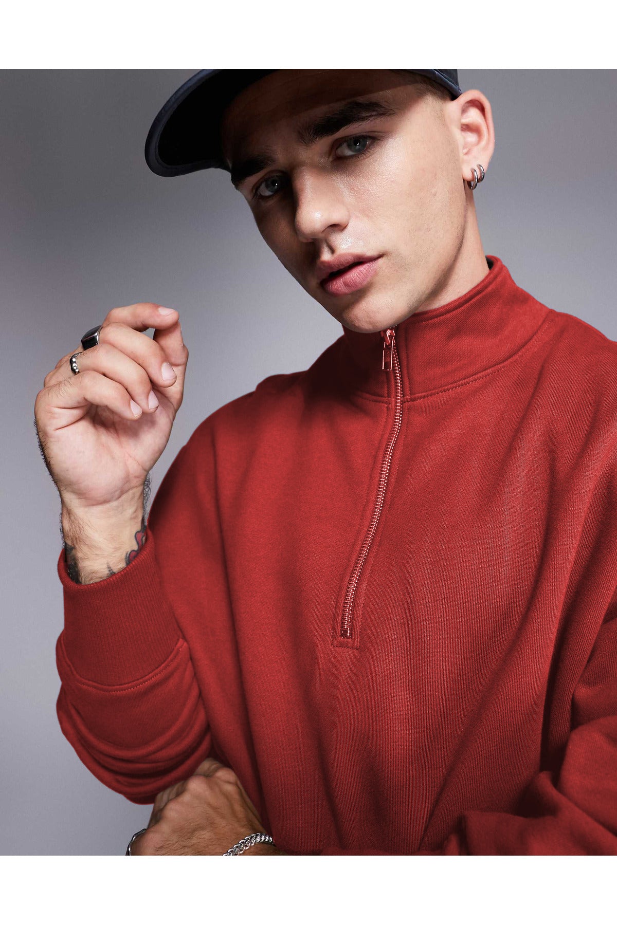 Erkek Yarım Fermuarlı Basic Oversize Dik Yaka Sweatshirt Kazak - Kırmızı - 3
