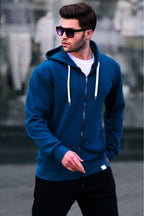 Saks Fermuarlı Kapüşonlu Erkek Sweatshirt - Saks Mavisi - 2