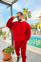 Erkek Unisex 3 İ̇plik Kirmizi Takim Bisiklet Yaka Sweatshirt Ve Eşofman Altı - Kırmızı - 1