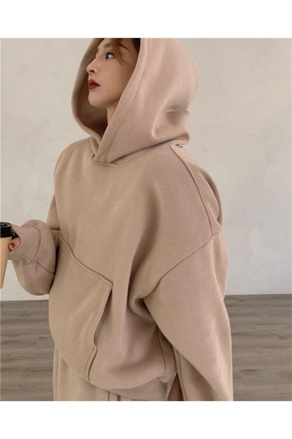 Kadin Oversi̇ze İ̇çi̇ Pamuklu Paçasi Lasti̇kli̇ Eşfoman Takimi - CAMEL - 5