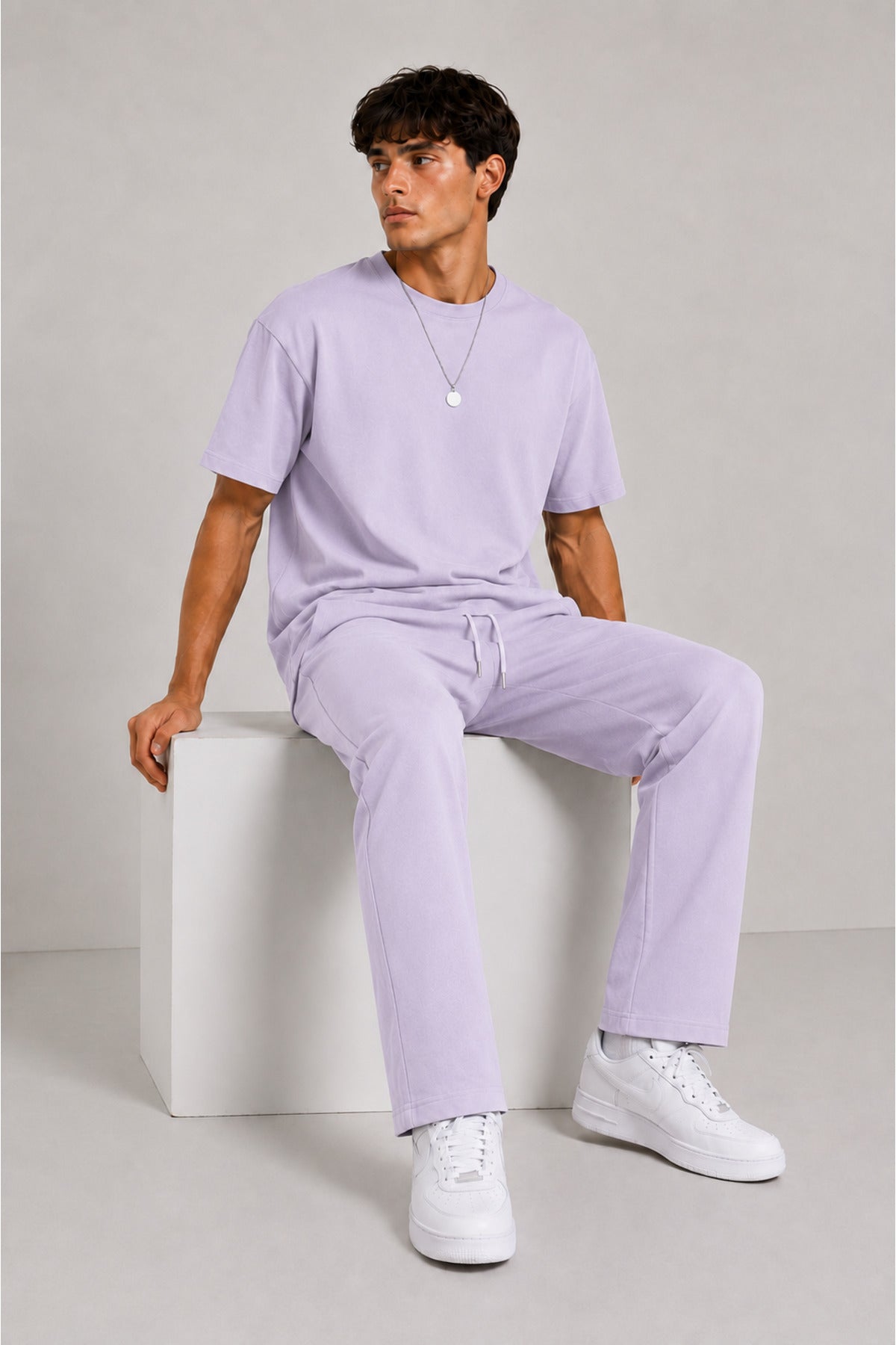 Erkek 2 İ̇plik Oversize Basic Bisiklet Yaka Rahat Kalıp Günlük Eşofman Takımı - Lila - 2