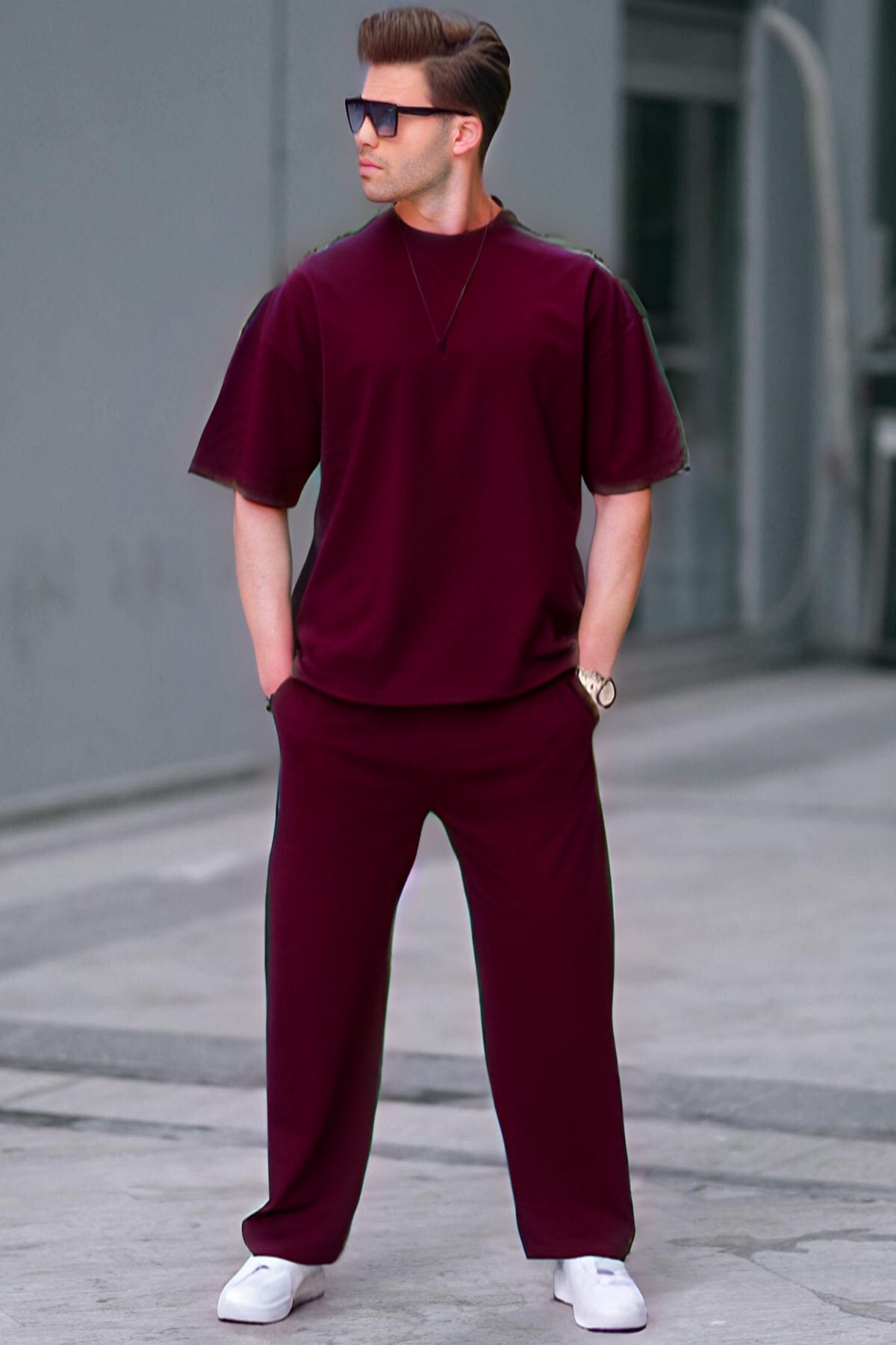 Erkek Bordo Rahat Kısa Kollu T-shirt Ve Pijama Takımı - Bordo - 1