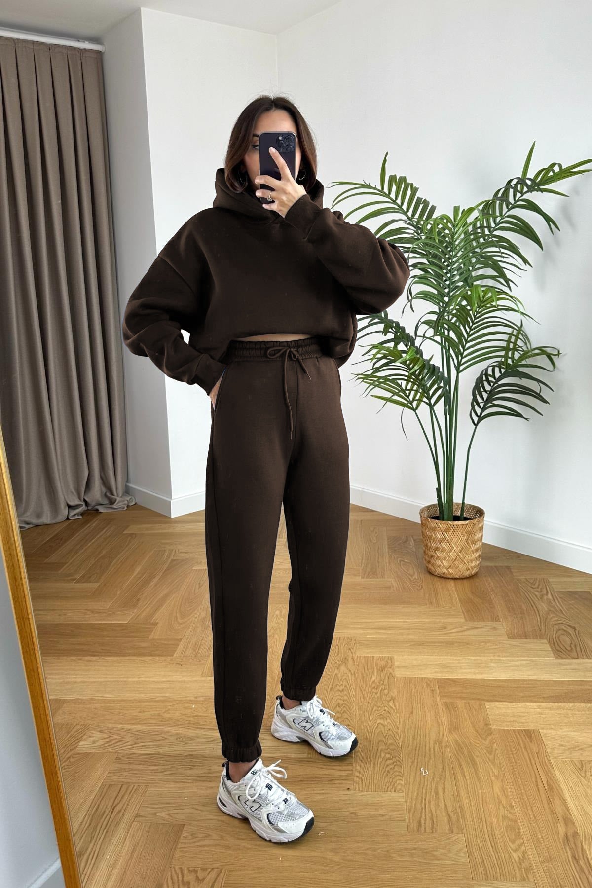 Kadin 3 İ̇pli̇k Oversi̇ze Premi̇um Sweatshi̇rt Eşofman Takimi - Kahverengi - 2