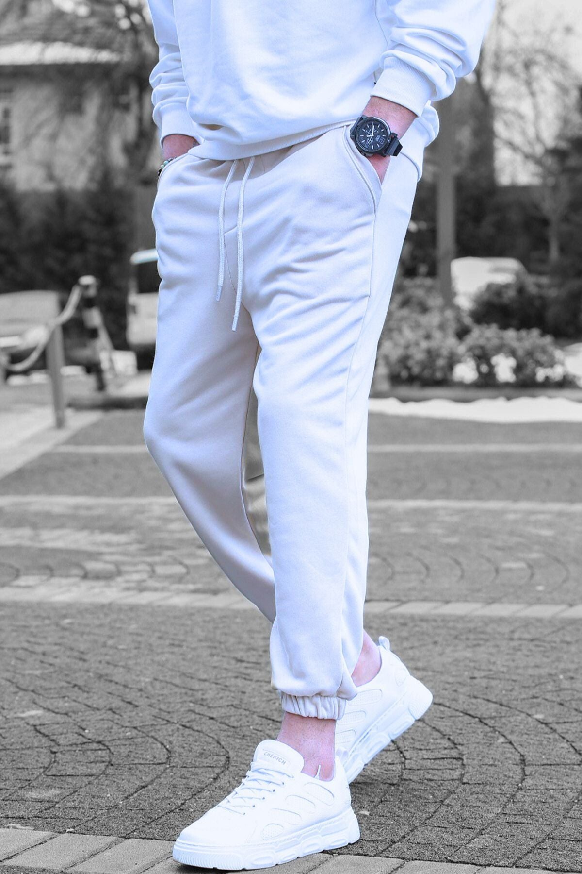 Erkek Jogger Şardonlu Beli Lastikli Cepli 3 İ̇plik Eşofman Altı - Beyaz - 2