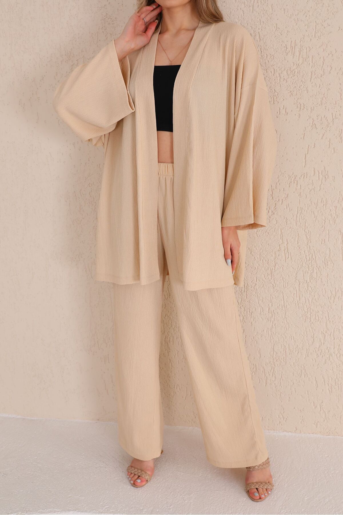 Kadın Bej Alt Üst Kimono Takım Yazlık İnce Dökümlü Elbise - bej b1 - 1