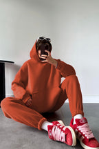 Kadın Kiremit Oversize Trend Model Kanguru Cep Kapşonlu Sweatshirt Eşofman Takımı - Kiremit - 4