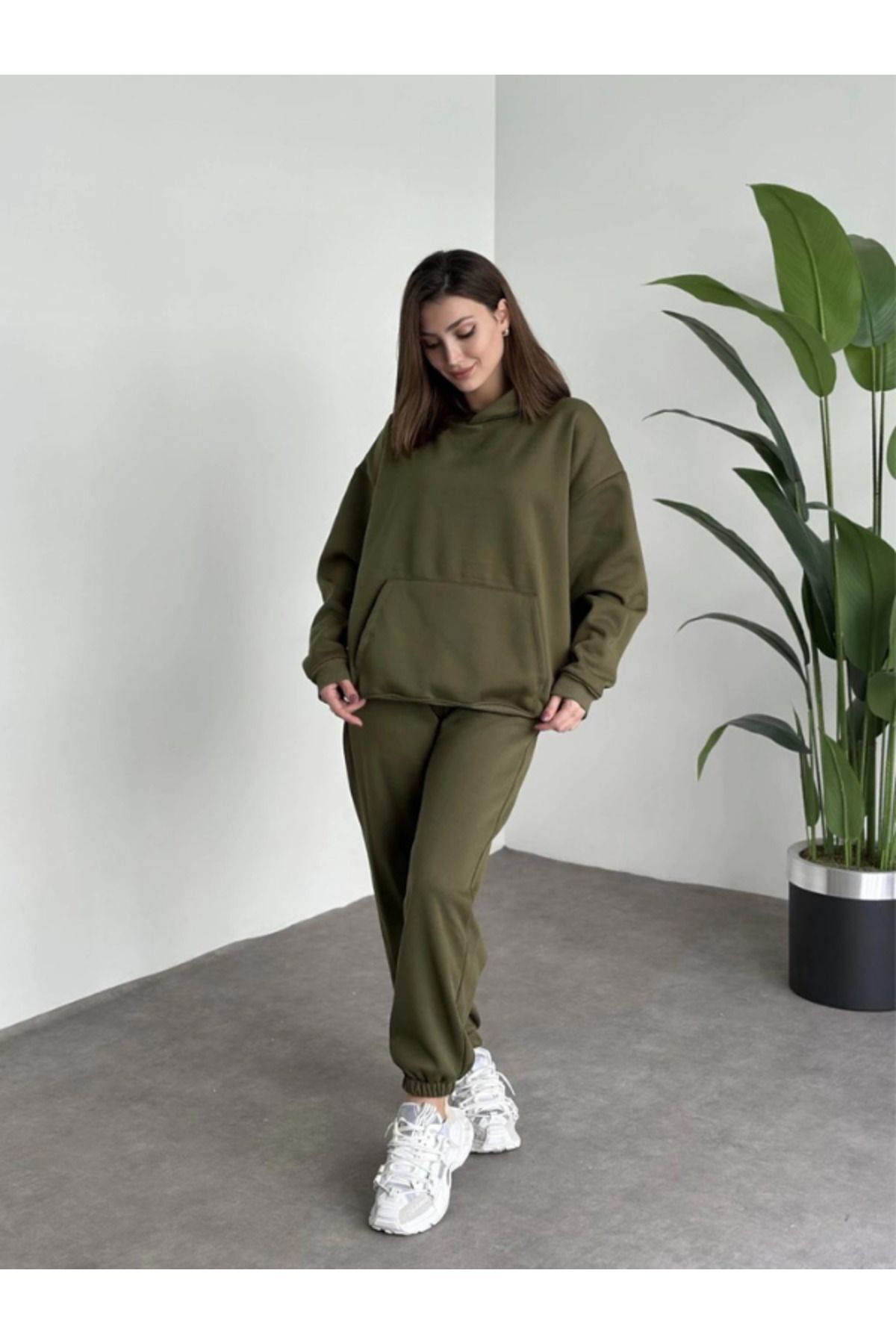 Kadın Haki Brooklyn Oversize Kapşonlu Alt Üst Eşofman Takımı - Haki - 2