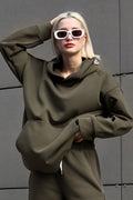 Kadın 3iplik Bol Kalıp Hoodie Sweatshirt - Haki - 1