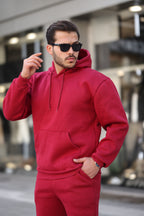 Erkek Bol Kesim Oversize 3 İ̇plik İ̇çi Pamuklu Şardonlu Kanguru Cep Kapşonlu Kışlık Hoodie Sweatshirt - Bordo - 3