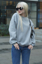 Kadın Gri Melanj Uzun Kollu Sweatshirt Bisiklet Yaka Oversize Basic - Gri Melanj - 4