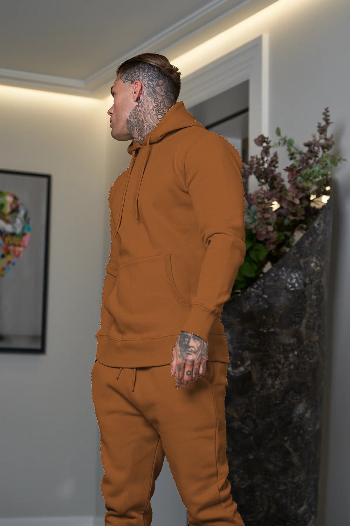 Erkek 3 İ̇plik İ̇çi Pamuklu Bol Basic Jogger Paçası Lastikli Eşofman Takımı - Kiremit - 4