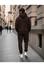 Erkek 3 İ̇pli̇k Oversi̇ze Kapüşonlu Kanguru Cep Lasti̇k Paça Jogger Eşofman Takimi - Kahverengi - 4