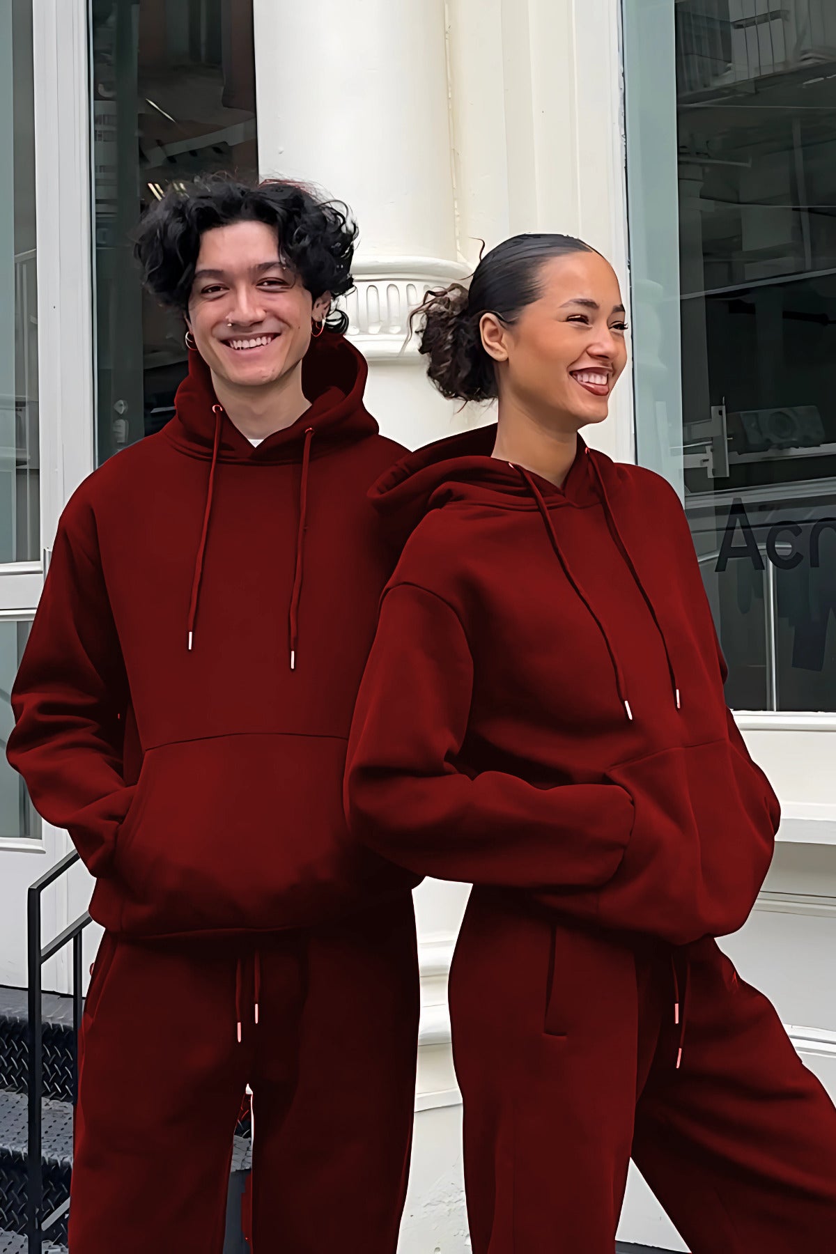 Kadın Erkek Trend Model Çiftlere Özel 3 İ̇plik Oversize Tekli Eşofman Takımı - Bordo - 3