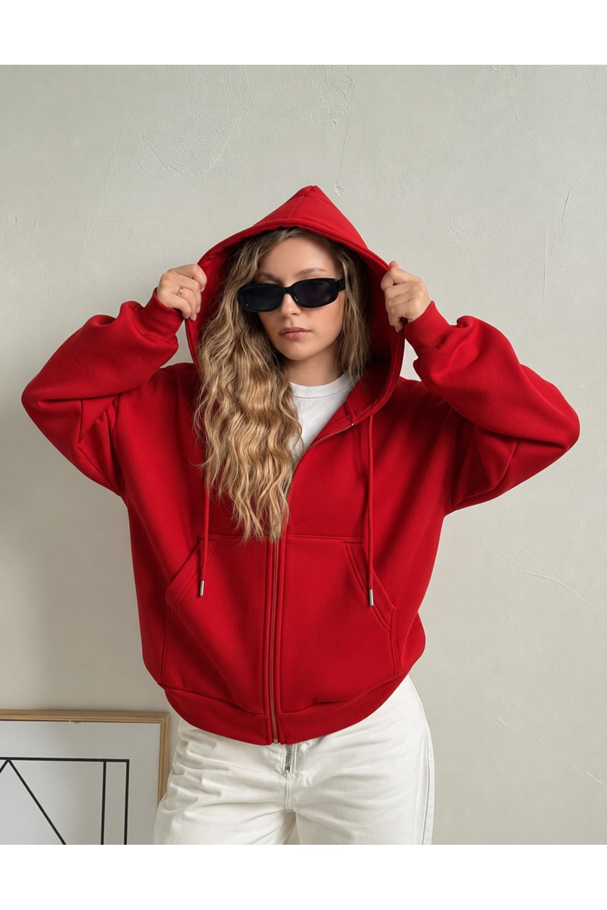 Kadin 3 İ̇pli̇k Kapüşonlu Fermuarli Oversi̇ze Sweatshirt Hirka - Kırmızı - 2