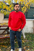 Erkek Kırmızı Bisiklet Yaka İçi Polarlı 3 İplik Pamuklu Regular Fit Unisex Sweatshirt - Kırmızı - 2