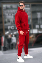 Kapşonlu 3 İ̇plik Şardonlu Rahat Kesim Kışlık Hoodie Eşofman Takımı - Kırmızı - 2