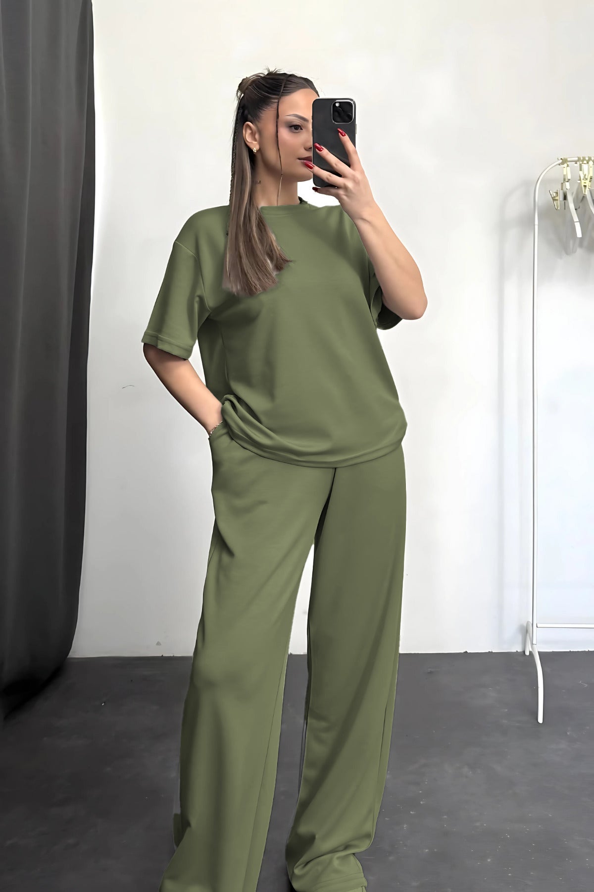 Kadın Kısa Kollu Oversize Süper Yüksek Bel Esnek Bisiklet Yaka Eşofman Takımı - Yeşil - 1