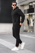 Erkek Bol Oversize 3 İ̇plik İ̇çi Pamuklu Kanguru Cep Kapşonlu Lastikli Paça Jogger Kış Eşofman Takımı - Siyah - 2
