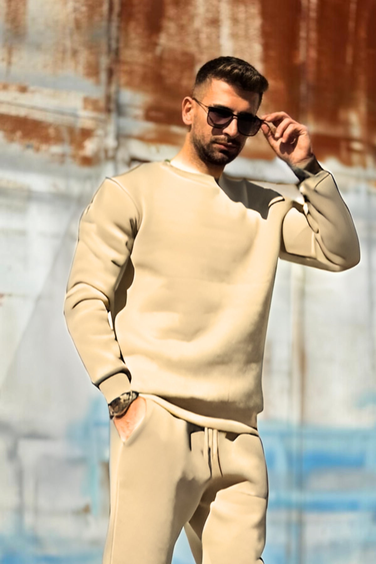 Erkek Oversize 3 İ̇plik İ̇çi Pamuklu Uzun Kollu Bisiklet Yaka Kazak - Vizon - 2