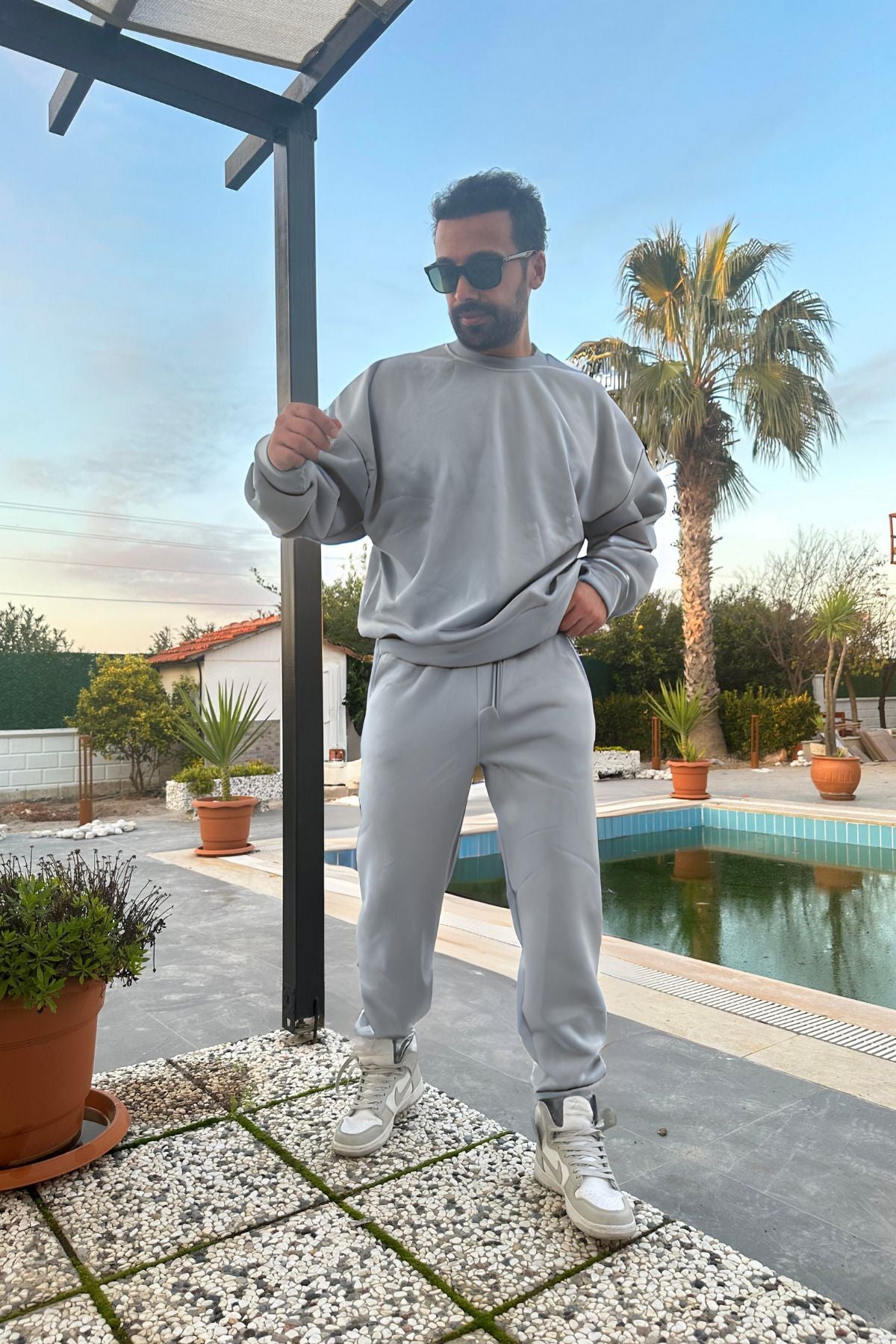 Erkek Unisex 3 İ̇plik Soft Gri̇ Takim Bisiklet Yaka Sweatshirt Ve Eşofman Altı - SOFT GRİ - 4