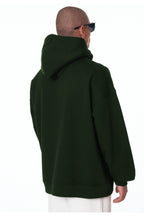 Erkek Bol Kesim Oversize 3 İ̇plik İ̇çi Pamuklu Şardonlu Kanguru Cep Kapşonlu Kışlık Hoodie Sweatshirt - Koyu Yeşil - 3