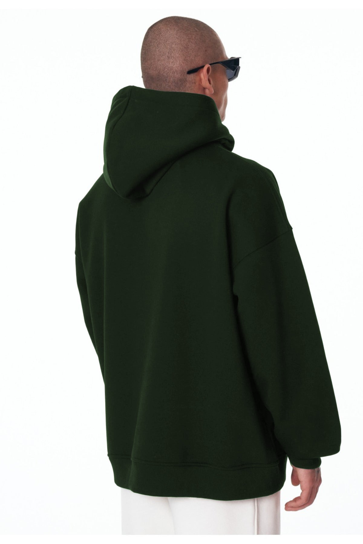 Erkek Bol Kesim Oversize 3 İ̇plik İ̇çi Pamuklu Şardonlu Kanguru Cep Kapşonlu Kışlık Hoodie Sweatshirt - Koyu Yeşil - 3