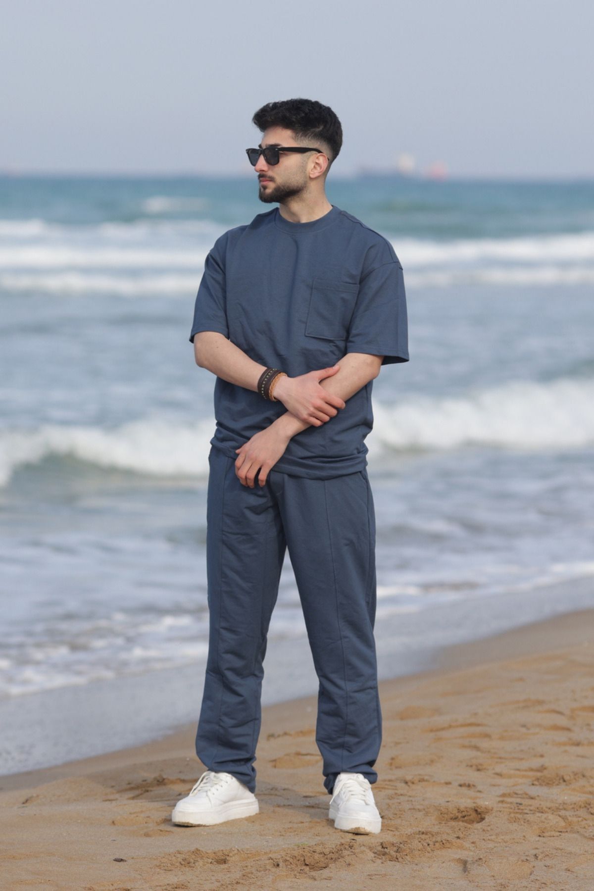 Erkek Kısa Kollu Pijama Takımı Bisiklet Yaka Salaş - Füme - 1