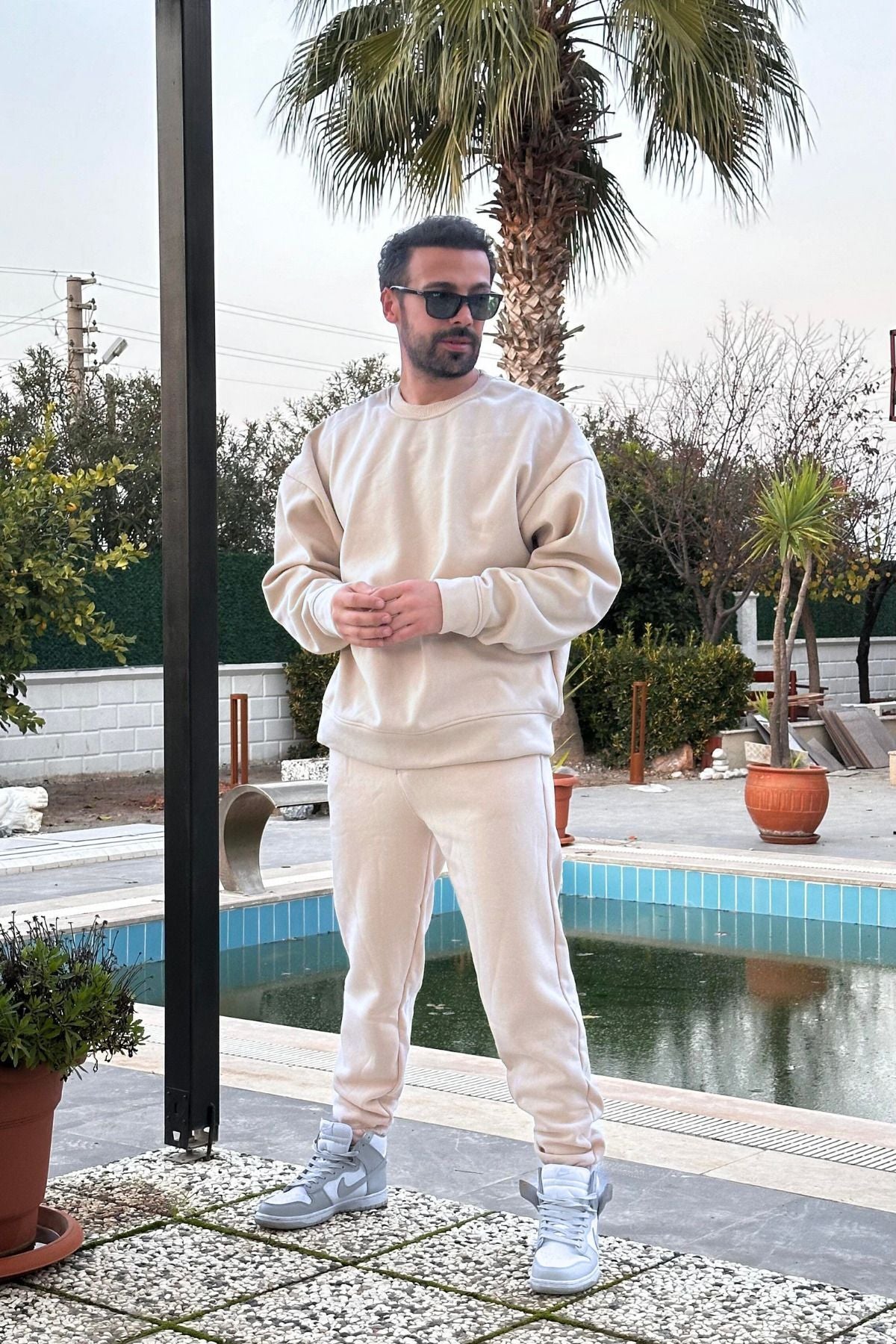 Erkek Unisex 3 İ̇plik Krem Takim Bisiklet Yaka Sweatshirt Ve Eşofman Altı - Bej - 3