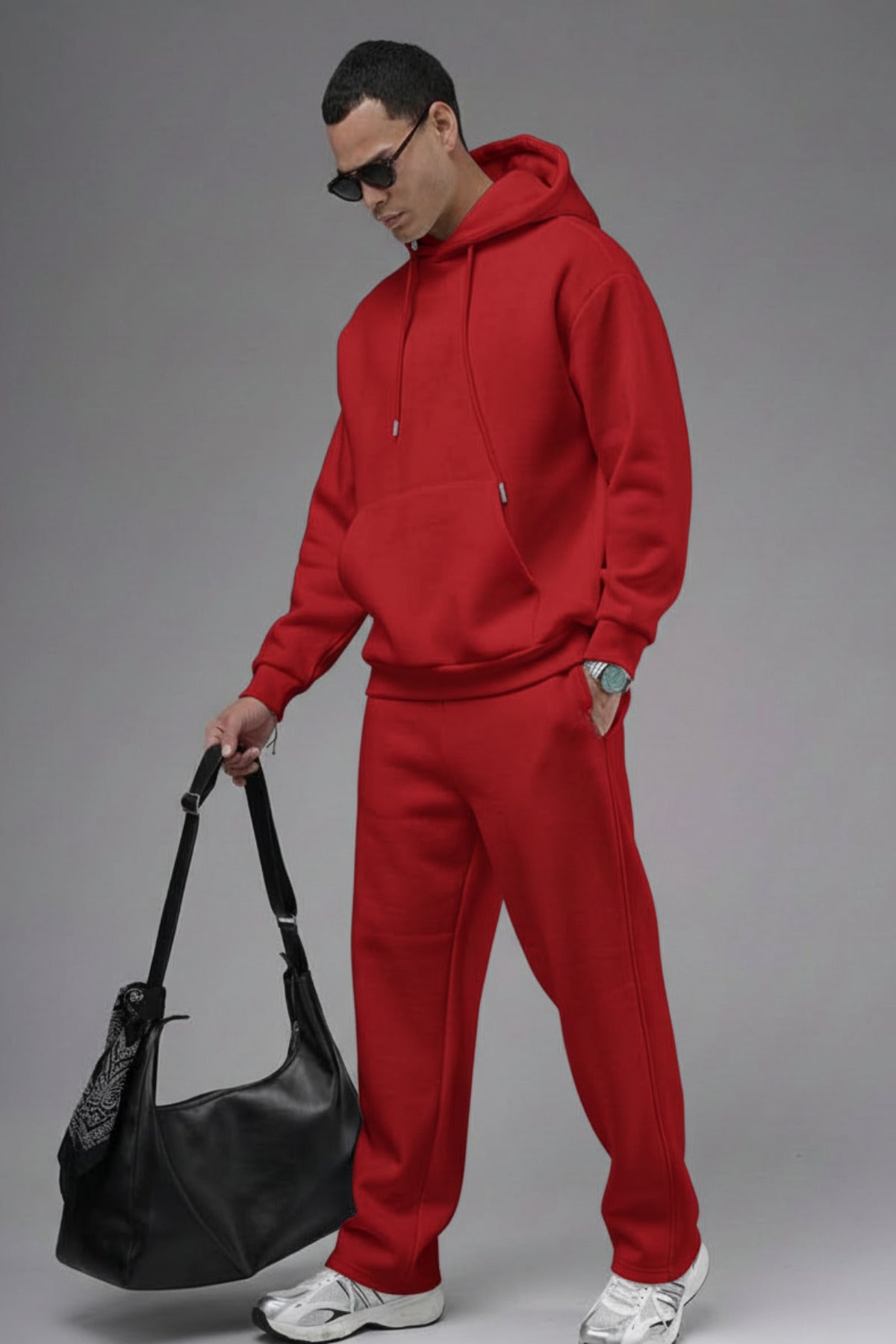 Erkek Baggy Geniş Paça Beli Lastikli Geniş Kesim Kışlık Eşofman Takımı - Kırmızı - 2