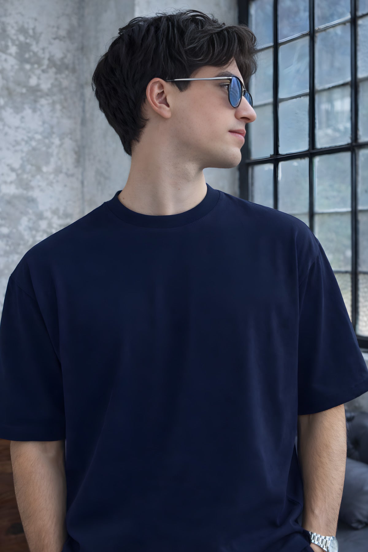 Erkek Kisa Kollu Oversize Bisiklet Yaka Rahat Kesi̇m Beli̇ Bağlamali Eşofman Takimi - Lacivert - 2