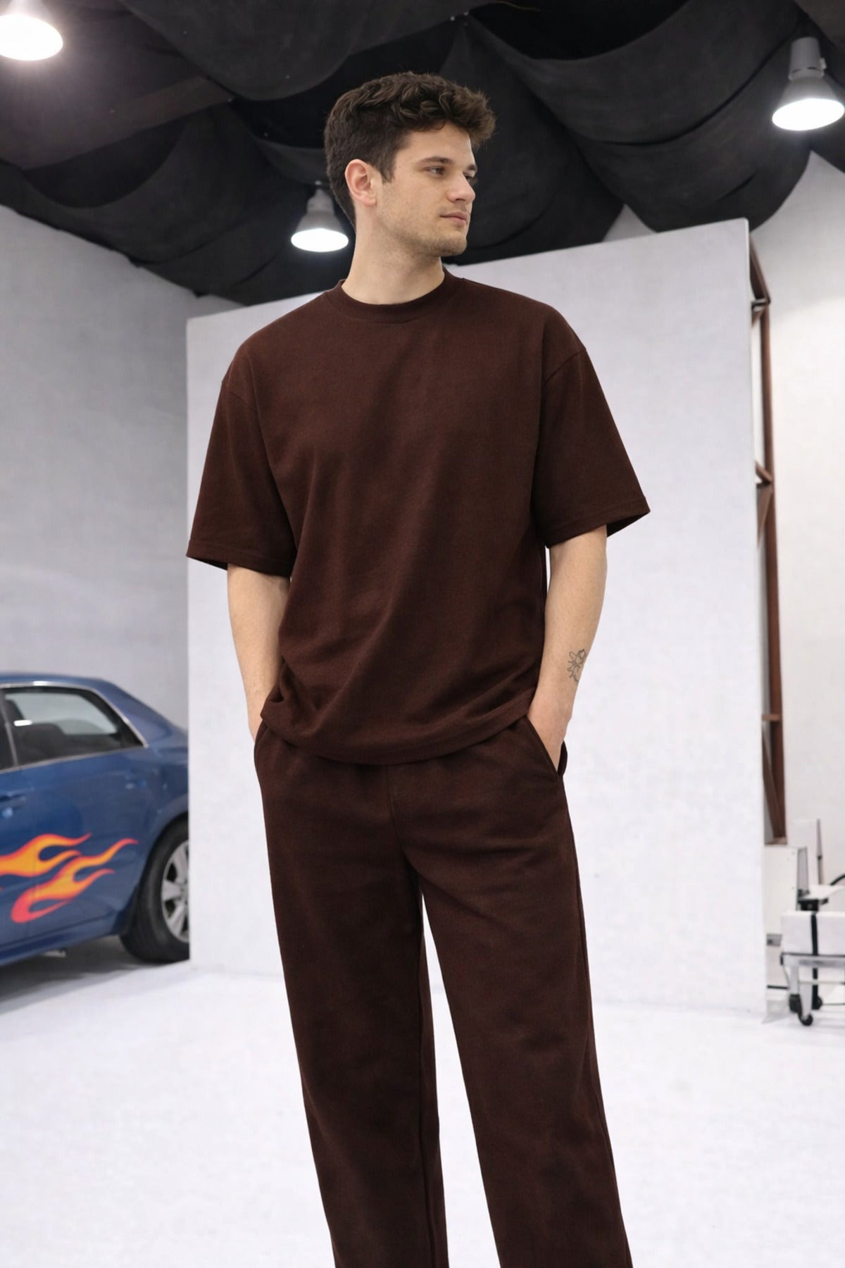 Erkek Oversize Eşofman Takımı Rahat Kalıp Basic Günlük Takım - Kahverengi - 1
