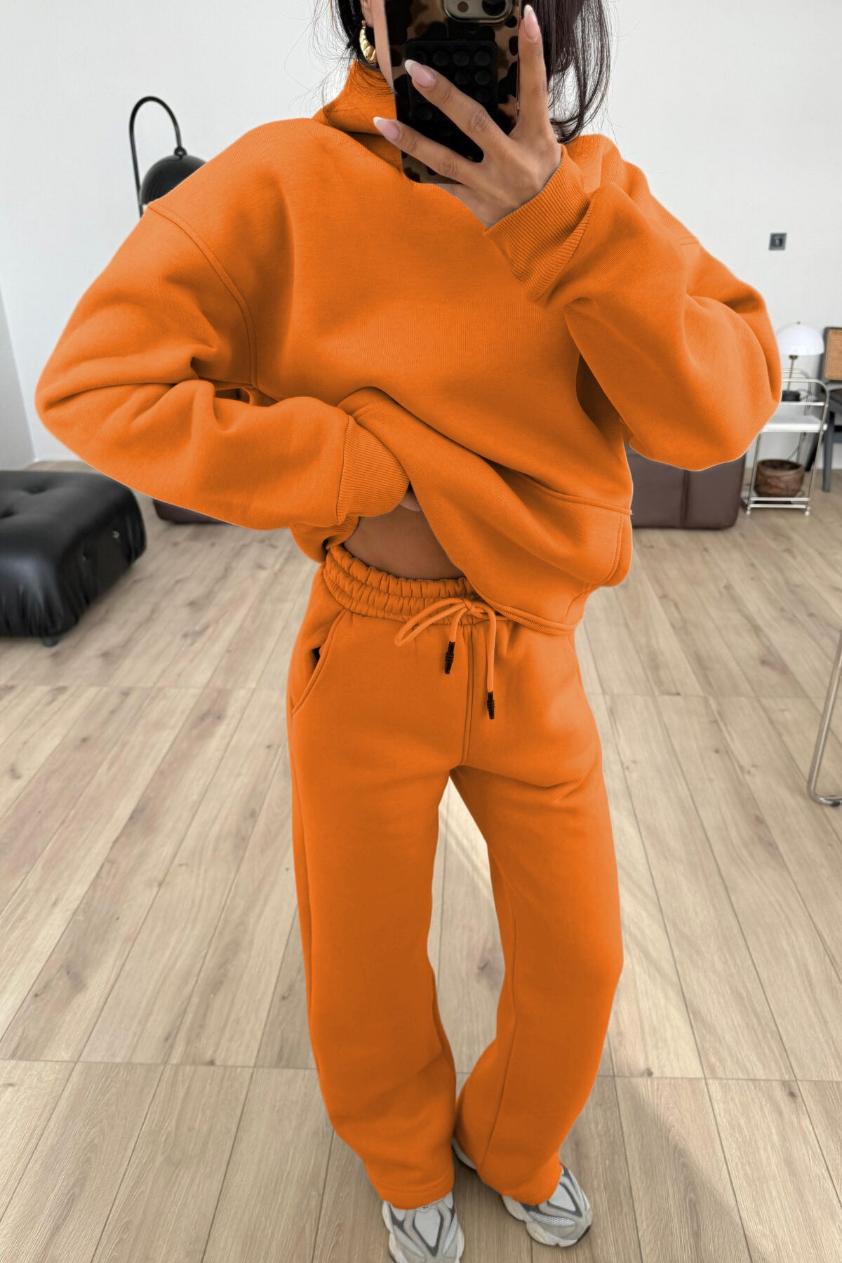 Kadın Boyfriend 3 İplik Şardonlu Bol Paça Oversize Casual Takım - Turuncu - 2