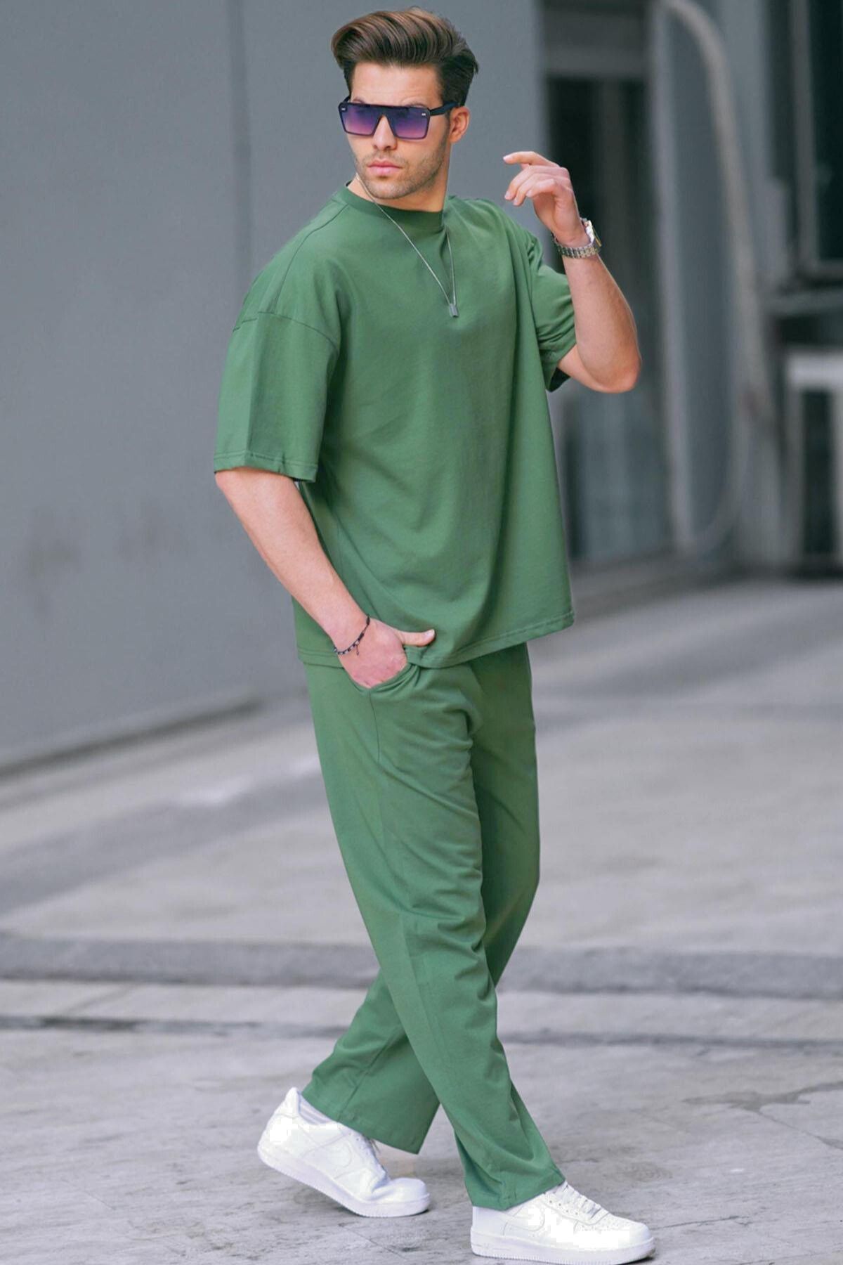 Erkek Kısa Kollu Penye Pijama Takımı Oversize Bisiklet Yaka - Yeşil - 2