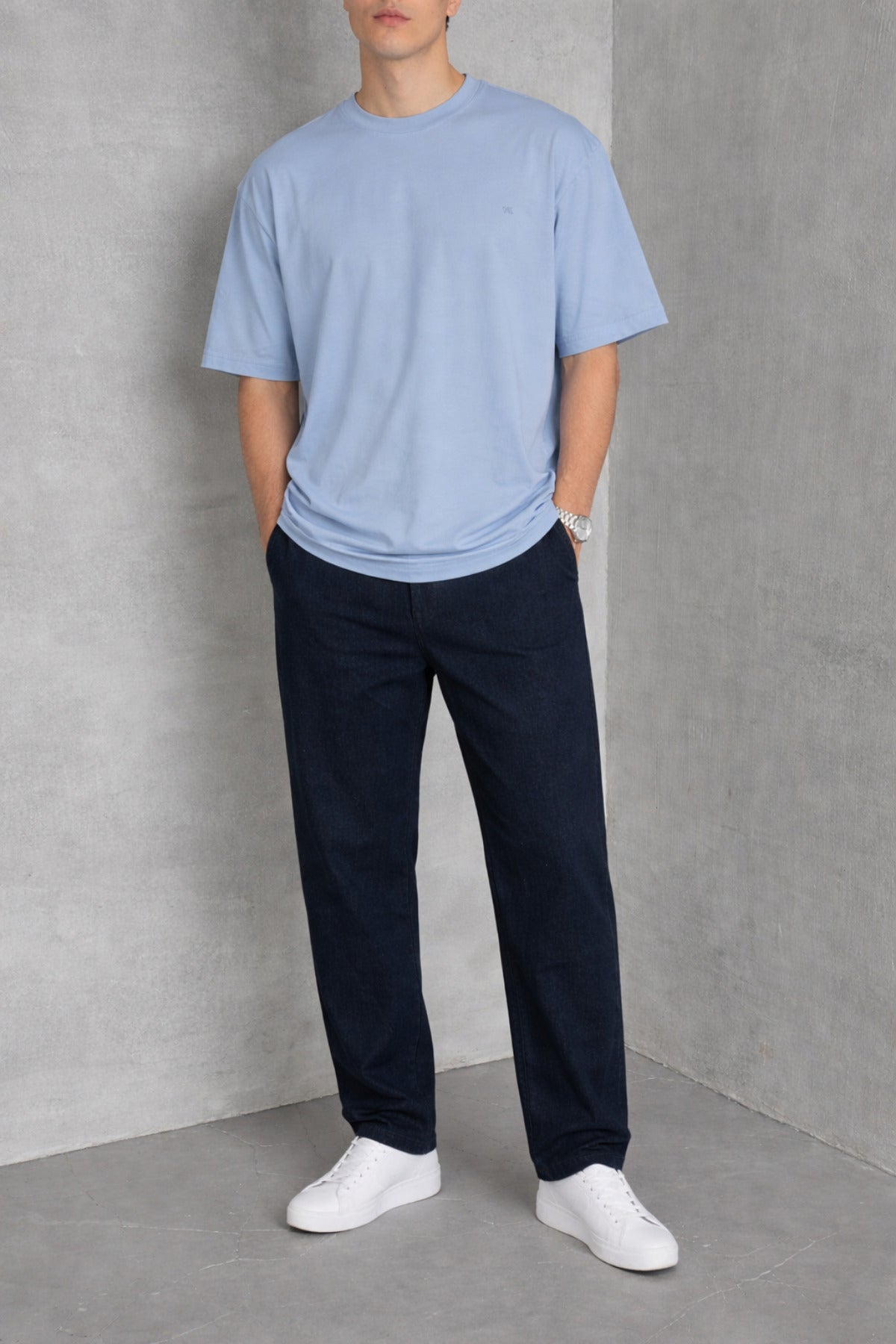 Erkek Siyah Basic Oversize Tişört Rahat Kalıp Düz Minimal Pamuklu Günlük T-shirt - Açık Mavi - 3