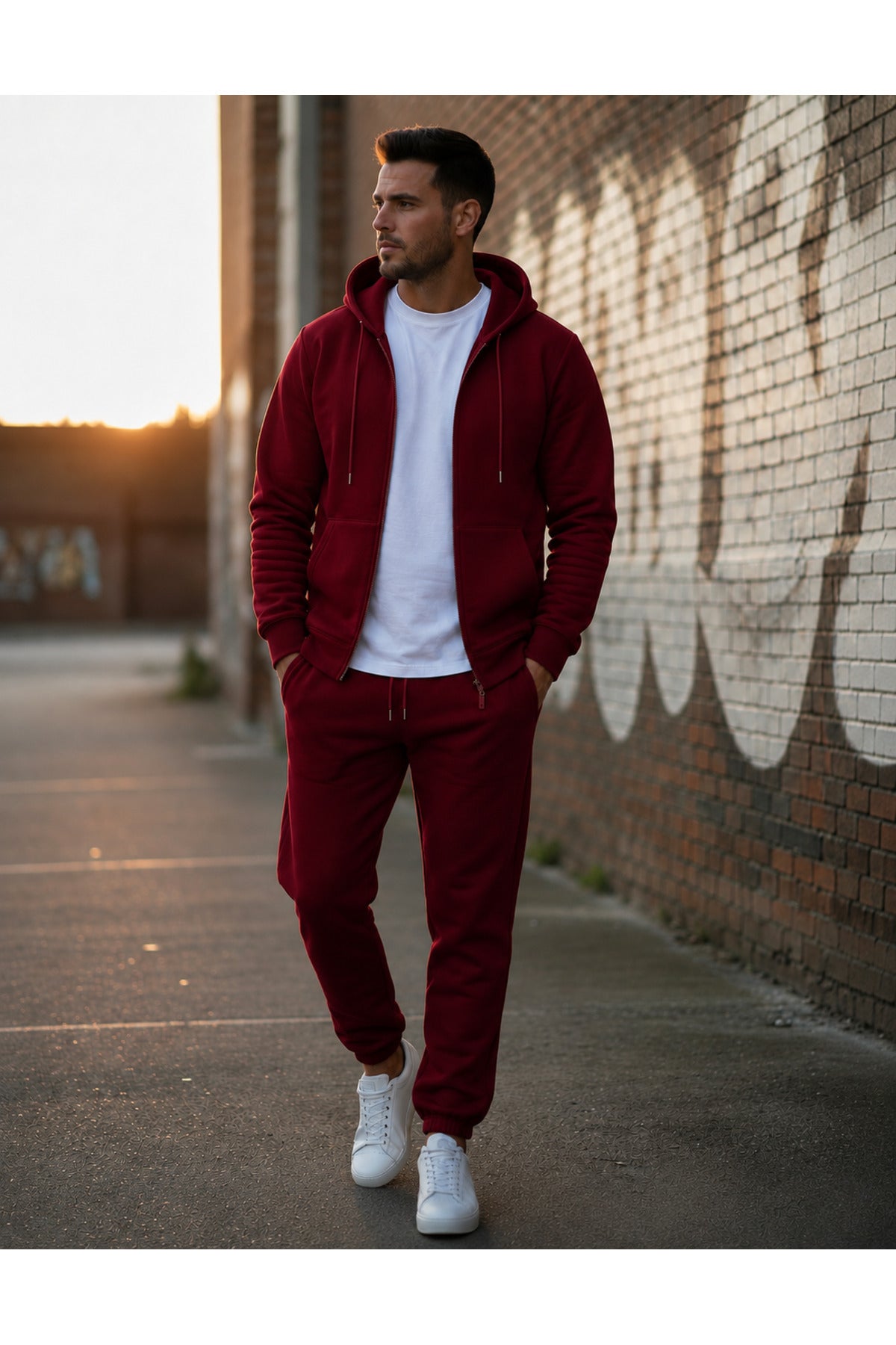 Erkek 3 İ̇pli̇k Fermuarli Kapüşonlu Oversi̇ze Sweatshirt Jogger Eşofman Takimi - Bordo - 1