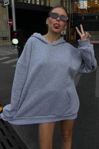 Kadın Gri Melanj Kapüşonlu Şardonlu Oversize Hoodie Sweatshirt Ob - Gri - 4