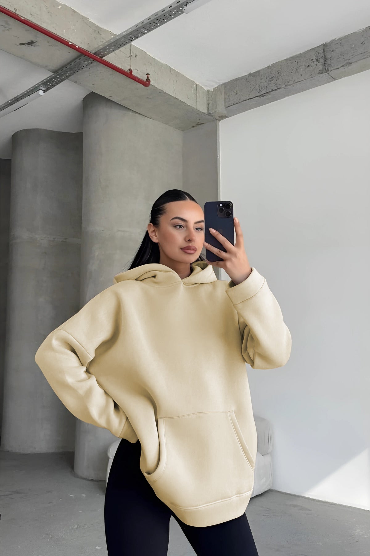 Kadın Kapşonlu Sweatshirt - Bej - 3
