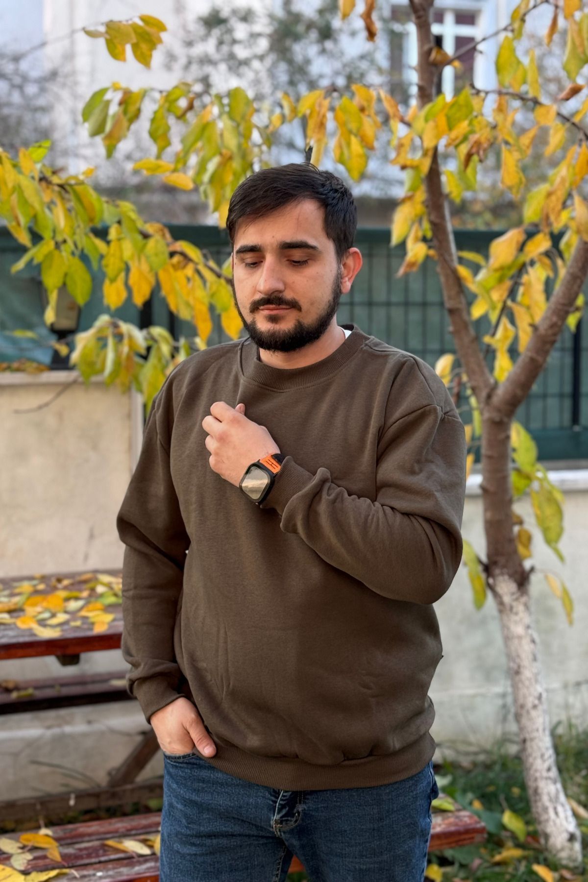 Erkek Haki Bisiklet Yaka İçi Polarlı 3 İplik Pamuklu Regular Fit Unisex Sweatshirt - Haki - 2