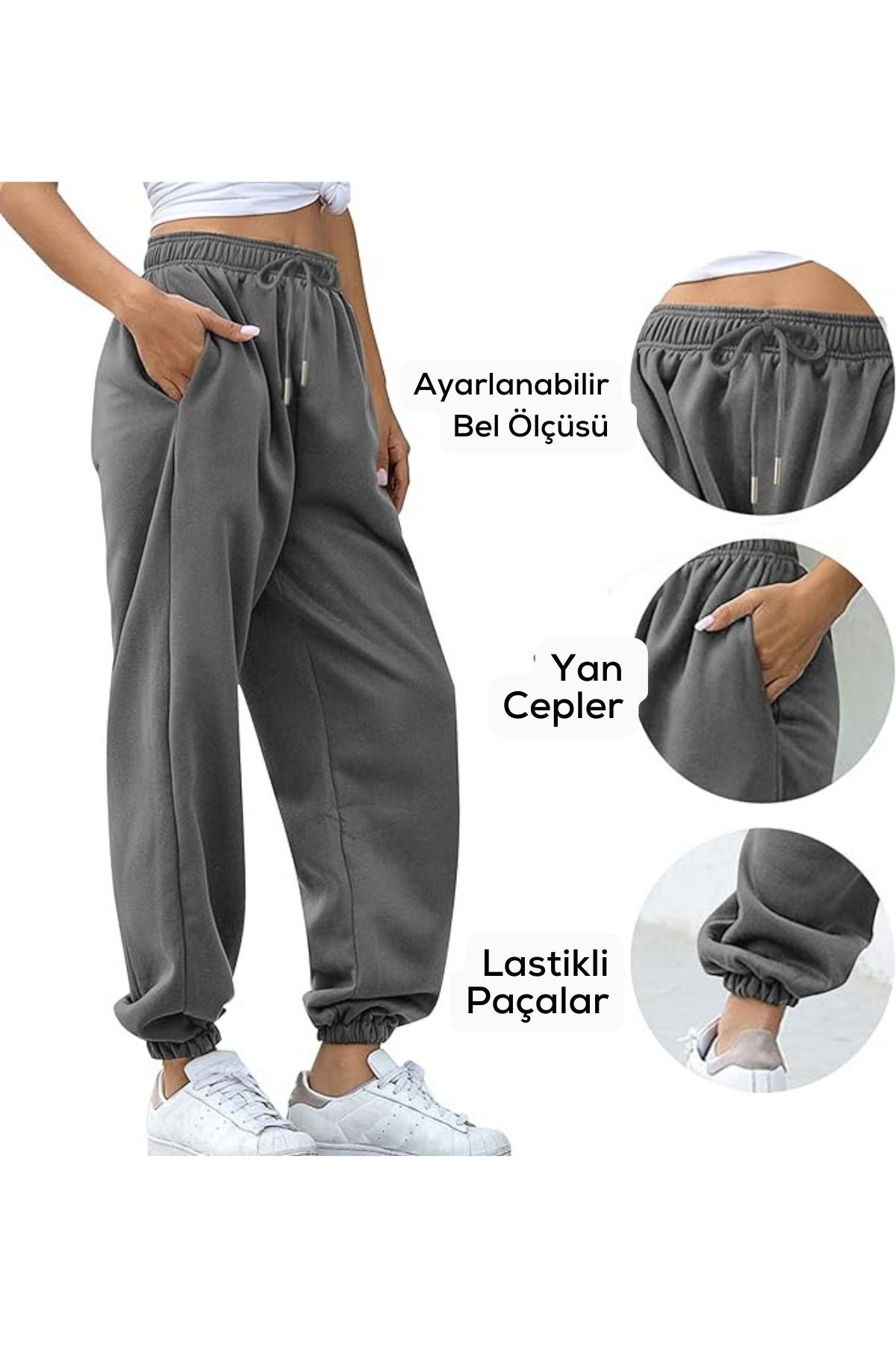 Kadın Koyu Gri Kalın İ̇çi Polarlı Basic Jogger Örme Eşofman Altı - Füme - 4