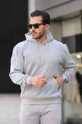Erkek Bol Kesim Oversize 3 İ̇plik İ̇çi Pamuklu Şardonlu Kanguru Cep Kapşonlu Kışlık Hoodie Sweatshirt - Gri - 1