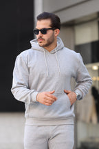 Erkek Bol Kesim Oversize 3 İ̇plik İ̇çi Pamuklu Şardonlu Kanguru Cep Kapşonlu Kışlık Hoodie Sweatshirt - Gri - 1